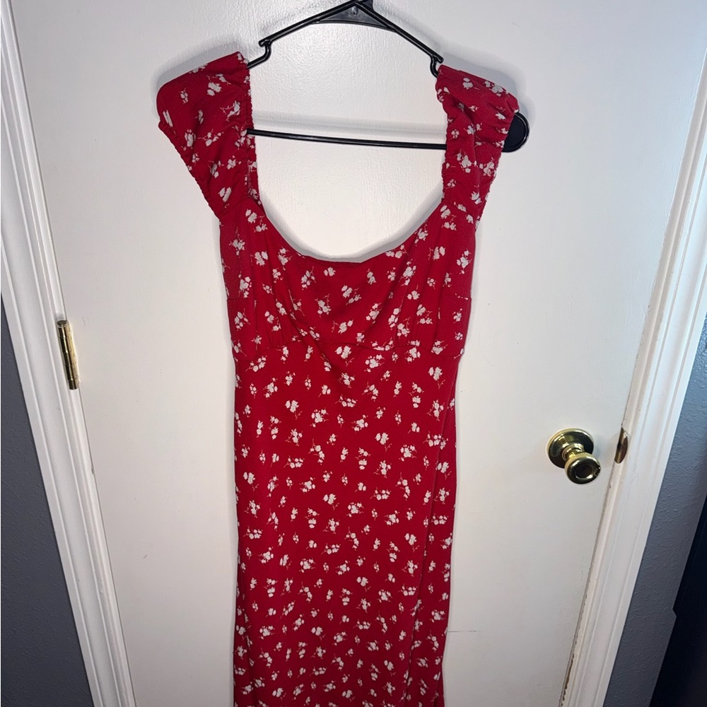 Hollister Red Floral Midi Dress with White Blossoms
